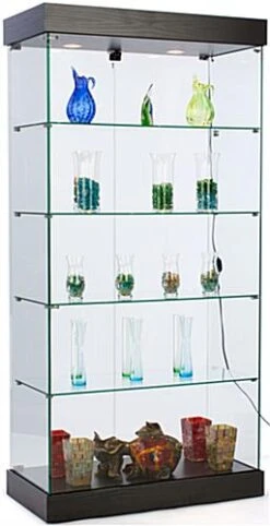 36"w Display Case With 4 Fixed Shelves, Wheels, Frameless, Ships Unassembled - Black