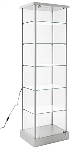 21.5" Glass Display Case With 5 Shelves, Top Lights, Wheels, Hinged Door - Silver