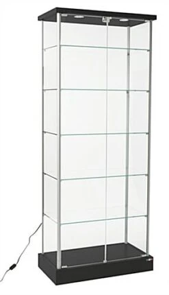 29" Glass Display Case W/ 5 Shelves, Top Lights, Wheels, Hinged Door - Black