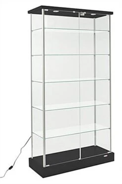 37" Glass Display Case W/5 Shelves, 2 Top Lights, Hidden Wheels & Hinged Door - Black