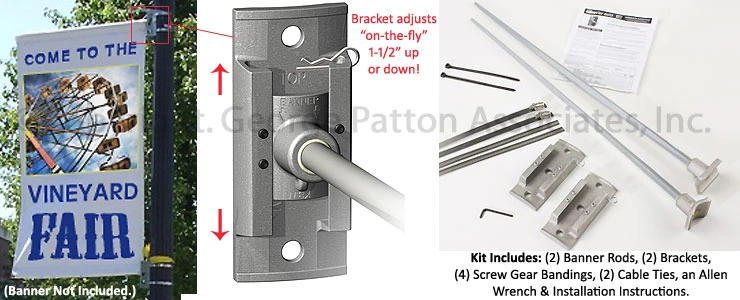 Adjustable Street Pole Brackets, Hold (2) 30"w Banners - Silver 3 Adjustable Street Pole Brackets, Hold (2) 30"w Banners - Silver