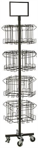 4-Tier Wire Literature Floor Stand, 4"/8.5"w, 16/32 Pockets, Rotating, Wheels - Black