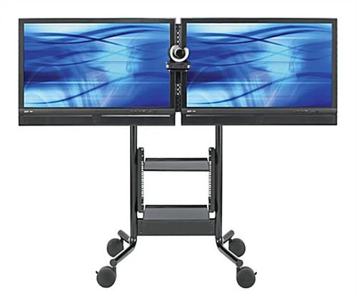 TV Cart With 2 Mounts For Monitor 32 To 55", Height-adjustable Camera Shelf - Black 4 TV Cart With 2 Mounts For Monitor 32 To 55", Height-adjustable Camera Shelf - Black - Image 2