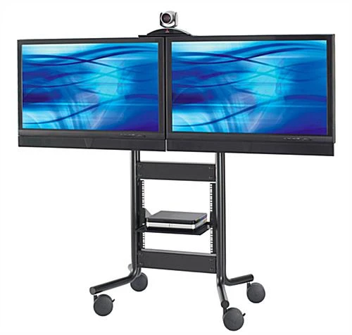 TV Cart With 2 Mounts For Monitor 32 To 55", Height-adjustable Camera Shelf - Black 3 TV Cart With 2 Mounts For Monitor 32 To 55", Height-adjustable Camera Shelf - Black