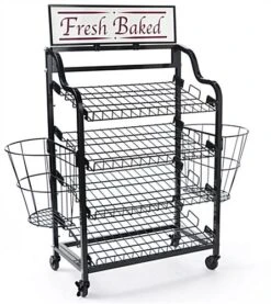 Bakery Display Rack W/ Wheels, 4 Shelves, 2 Side Baskets & Header - Black -LuxeDisplay Shop bak4sdbk2bk.ra2 preview