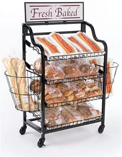 Bakery Display Rack W/ Wheels, 4 Shelves, 2 Side Baskets & Header - Black