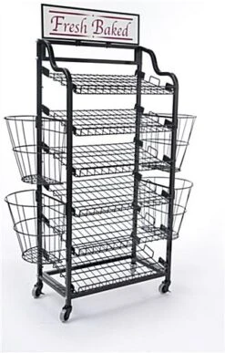 52"w Bakery Display Rack W/ Wheels, 6 Shelves, 4 Side Baskets & Header - Black