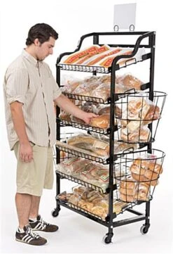 52"w Bakery Display Rack W/ Wheels, 6 Shelves, 4 Side Baskets & Header - Black -LuxeDisplay Shop bak6sdbk4nb.ra2 preview