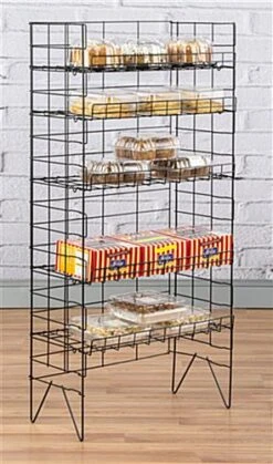 25.25”w Bakery Display Rack W/ 5 Adjustable Wire Shelves - Black -LuxeDisplay Shop bakad5tk renv angled preview