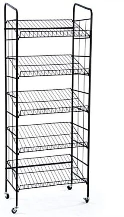 24"w Bakery Display Rack W/ Wheels, 5 Wire Gravity Shelves, Mild Steel - Black