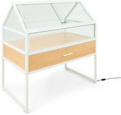 48"w Locking Display Table W/ Tempered Glass Canopy, Sliding Door, LED Light - White -LuxeDisplay Shop casadc.ra3 preview