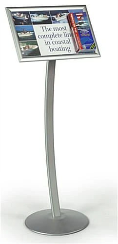 17 X 11 Sign Stand With Brochure Pocket, 4"w, Curved Post, Snap Open - Silver