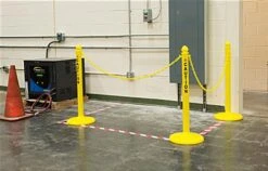 QueuePole.Outdoor Yellow Stanchion Post W/ 6.5’ Yellow Linked Chain, Caution Message -LuxeDisplay Shop crctwsctyw.renv preview