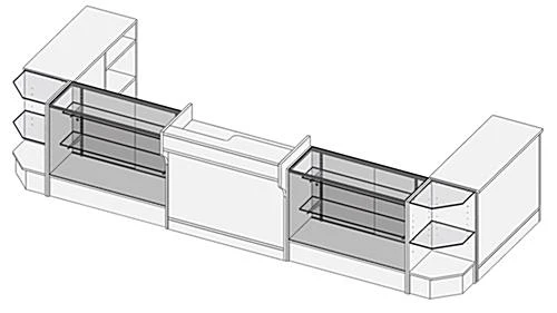 Store Counter Configuration W/ 7 Components, White Finish & Tempered Glass Shelves 3 Store Counter Configuration W/ 7 Components, White Finish & Tempered Glass Shelves