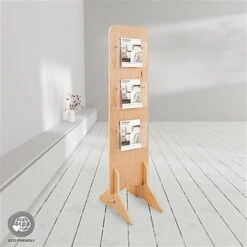 3-Tiered Wooden Literature Floor Stand, Double-Sided, 6 Pockets - Natural