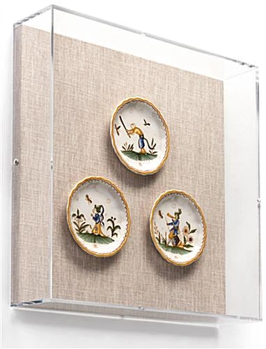 17 X 17 Wall Mounted Exhibit Case W/ Linen Backing, Acrylic Vitrine - Tan 3 17 X 17 Wall Mounted Exhibit Case W/ Linen Backing, Acrylic Vitrine - Tan