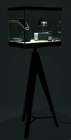 24" Glass Display Case W/ Pull-Out Door, 8 LED Lights, Tripod Legs - Black -LuxeDisplay Shop dctripled.ra3 preview