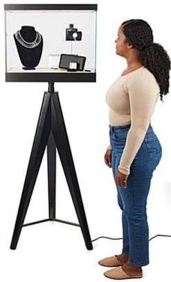 24" Glass Display Case W/ Pull-Out Door, 8 LED Lights, Tripod Legs - Black -LuxeDisplay Shop dctripled.ra4 preview