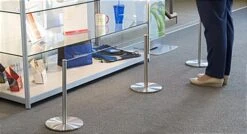 Set Of (6) QueuePole Slim 16” Stanchion Posts W/ 50’ Gray Elastic Cord - Silver -LuxeDisplay Shop fd16ksv06.renv preview