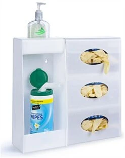 Acrylic Supply Dispenser, Wall Mount, Holds Sanitizer, Wipes, 3 Glove Boxes - White