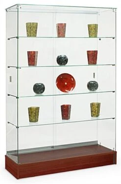 48" Glass Display Case W/ Sliding Doors, Fixed Shelves, Frameless - Cherry