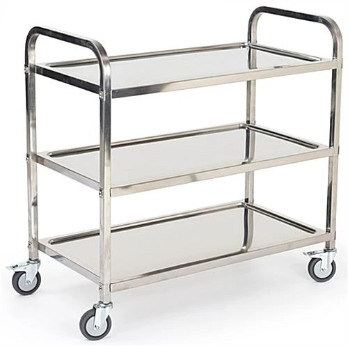 37.25 X 36.5 Service Cart, 3 Tiers, Stainless Steel, Locking Wheels - Silver 4 37.25 X 36.5 Service Cart, 3 Tiers, Stainless Steel, Locking Wheels - Silver - Image 2