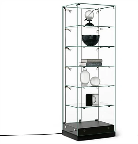 24" Glass Display Case W/LED Lights, Hinged Door,Frameless, Ships Assembled - Black 3 24" Glass Display Case W/LED Lights, Hinged Door,Frameless, Ships Assembled - Black