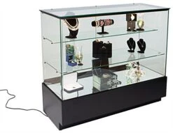4ft. Glass Retail Counter W/ Mirror Deck, LED, Slider Doors, Ships Assembled, Black