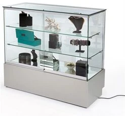 4ft. Glass Retail Counter W/ Mirror Deck, LED, Slider Doors, Ships Assembled, Silver -LuxeDisplay Shop gtled4fslv.ra6 preview