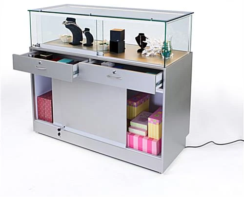 48" Quarter Vision Display Case W/Cabinets And Drawers, Ships Assembled - Silver 4 48" Quarter Vision Display Case W/Cabinets And Drawers, Ships Assembled - Silver - Image 2