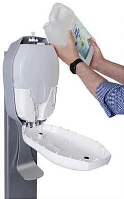 Touchless Hand Sanitizer Dispenser, Floor Standing, Wheels - Silver -LuxeDisplay Shop hsdisp1gs.ra3 preview