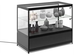 48" Retail Display Case W/Storage, LED Side Lights, Sliding Door - Black