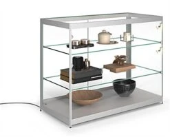 48” Retail Display Counter W/ 4 LED Lights, Sliding Doors, Ships Assembled - Silver