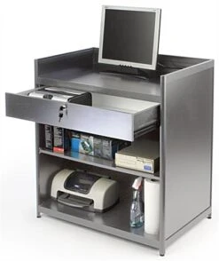 36" Cash Register Stand W/Locking Drawer, Adjustable Shelf, Ships Assembled - Silver