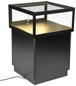 Pedestal Display Case With MDF Base, Sliding Glass Door & LED Lights - Black -LuxeDisplay Shop jdshcpma2c front lights 6310 r1 preview