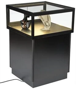 Pedestal Display Case With MDF Base, Sliding Glass Door & LED Lights - Black