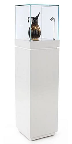 16" Pedestal Display Case W/ Cabinet Base, Locking Drawer, LED Spotlights - White 3 16" Pedestal Display Case W/ Cabinet Base, Locking Drawer, LED Spotlights - White