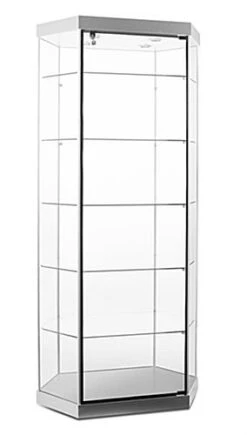 35" Hexagonal Display Case W/ LED Lights, Wheels & Locking Hinged Door - Silver