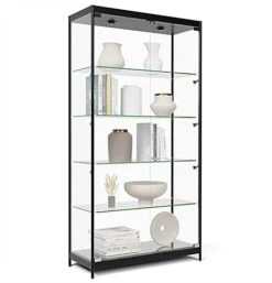 40" Display Case W/ LED Top & Side Lights, 4 Fixed Shelves, Hinged Doors - Black