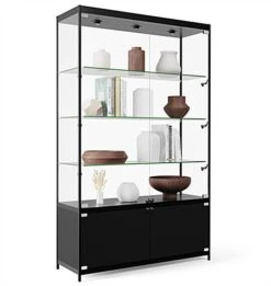 48” Display Case W/ 7 LED Top & Side Lights, 3 Fixed Shelves, Hinged Doors - Black