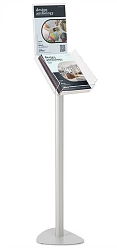Metal Magazine Floor Stand, 8.5"w, Single Pocket, Tilting, Sign Holder – Silver