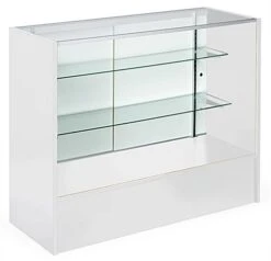 4' Retail Counter W/ White Finish, Tempered Glass Adjustable Shelves & Sliding Doors