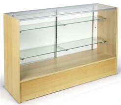 Retail Counter W/ Maple Finish, Adjustable Tempered Glass Shelves & Sliding Doors