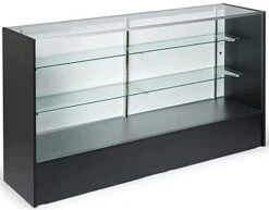 Retail Counter W/ Black Finish, Adjustable Tempered Glass Shelves & Sliding Doors