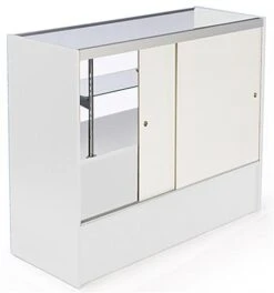 4’ Display Counter W/ White Finish, Adjustable Tempered Glass Shelf & Sliding Doors -LuxeDisplay Shop mrchv4whkd.ra5 preview