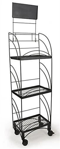 14"w Metal Shelving Display W/ Wheels, 3 Shelves & Header - Black