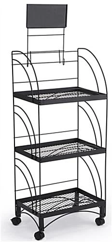 20"w Metal Shelving Display W/ Wheels, 3 Shelves & Header - Black
