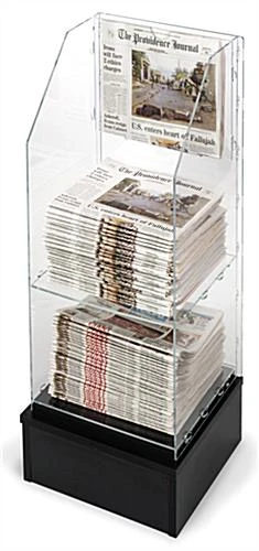 Workshop Series Tiered Acrylic Newspaper Rack W/ Black Base For Floor, Header - Clear