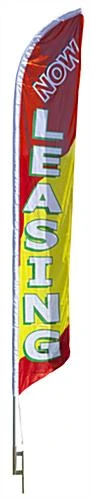 14' Feather Flag & Ground Spike With Pre-printed NOW LEASING Message - Yellow & Red