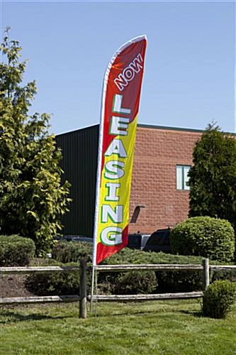 14' Feather Flag & Ground Spike With Pre-printed NOW LEASING Message - Yellow & Red 4 14' Feather Flag & Ground Spike With Pre-printed NOW LEASING Message - Yellow & Red - Image 2